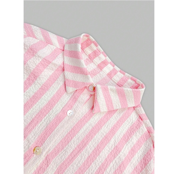 Pink with White Stripes Oversized Button Down Shirt Long Sleeve - Picture 4 of 9